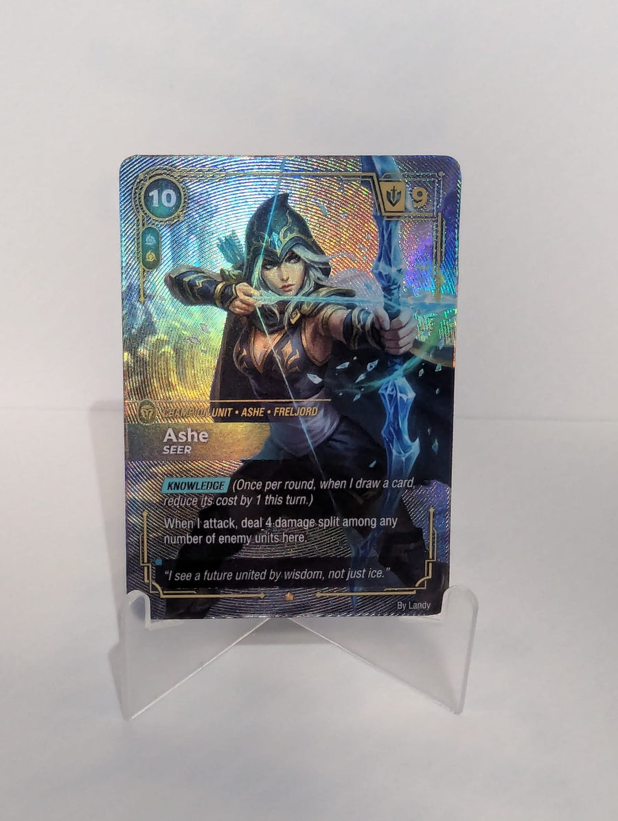 Ashe League of Legends fan card, textured UV printed holographic Riftbound style trading card by ByLandy